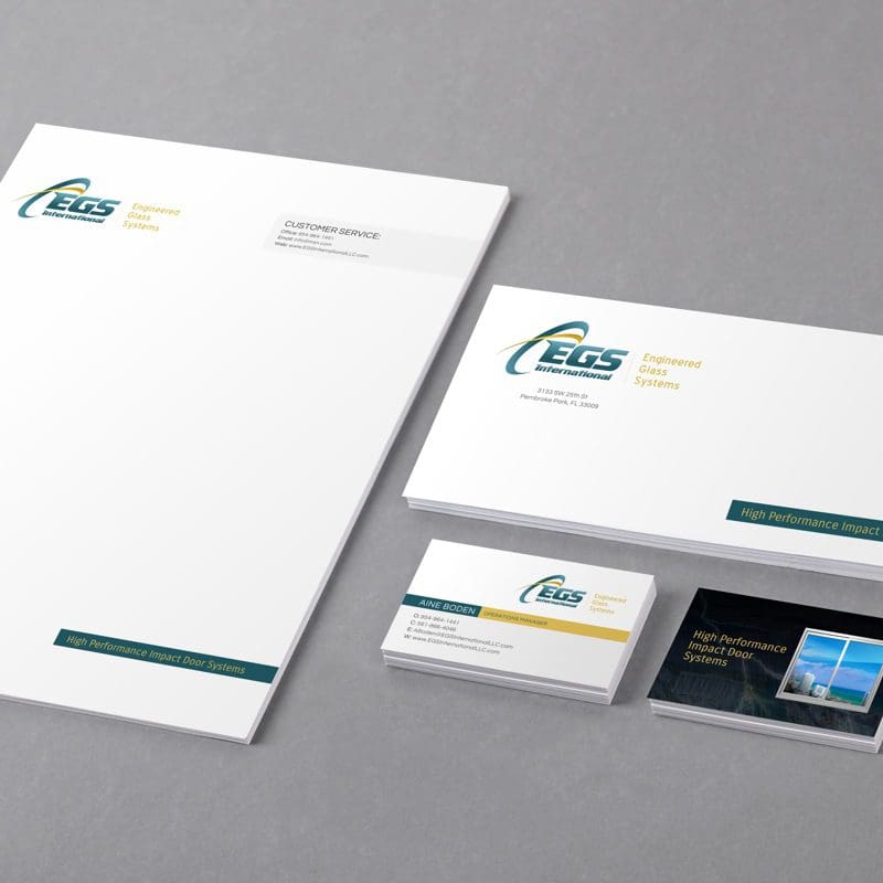 EGS International - corporate identity design - business cards, envelope, letterhead, and folders